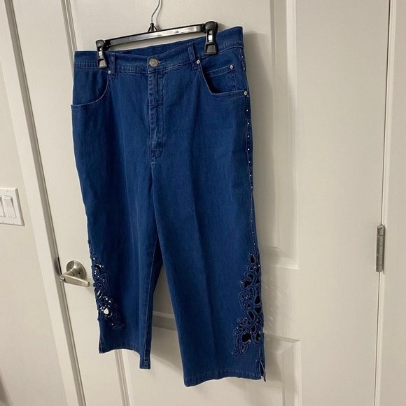 Women's Variation Capris Denim Pants. Blue. Large. Decorated Cutouts Each Side. - Picture 5 of 10